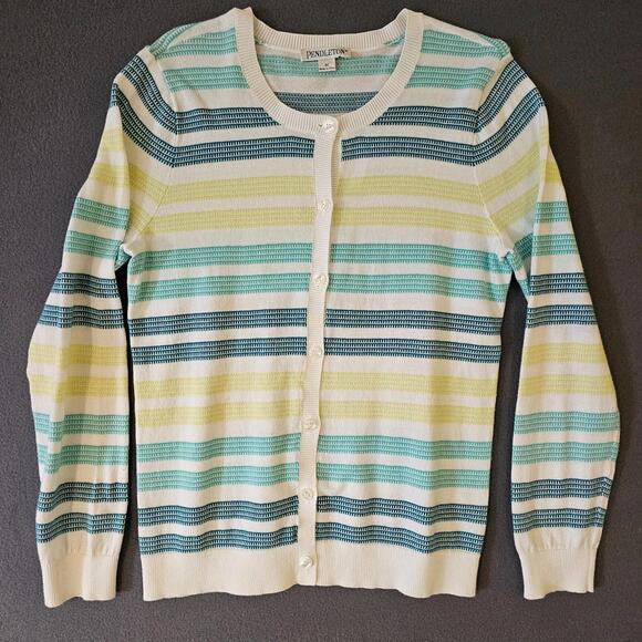 Pendleton Sweaters - Pendleton Womens Medium Striped Cardigan Pastels Preppy Coastal Minimal Classic